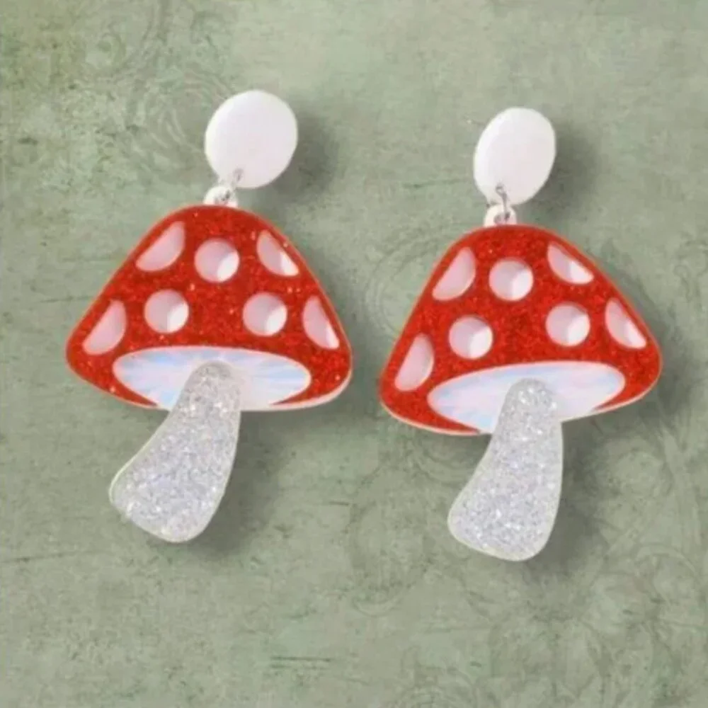 ⭐️❤️FREE Mushroom Sparkle Shine Glitter Plant Hipster Hippie Artsy Drop Earrings
